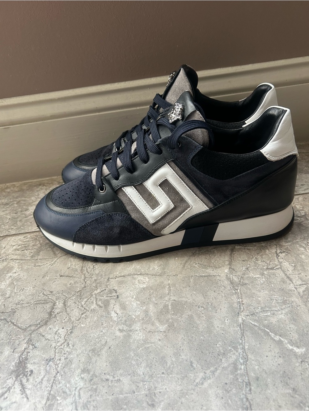 Versace Men's Navy and Silver Low-Top Sneakers with Metallic Medusa